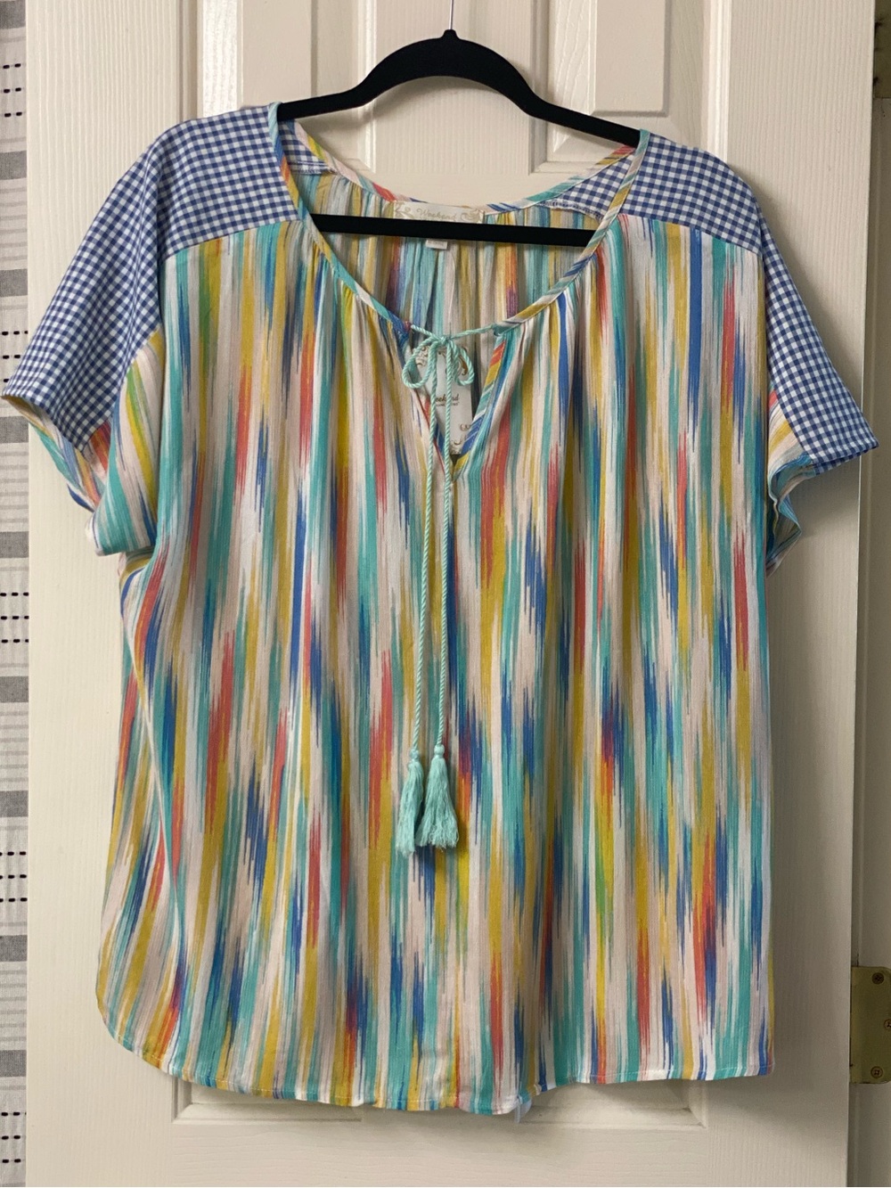 Weekend Suzanne Betro Multicolor Striped Brushstroke Tie-Neck Top Size Medium